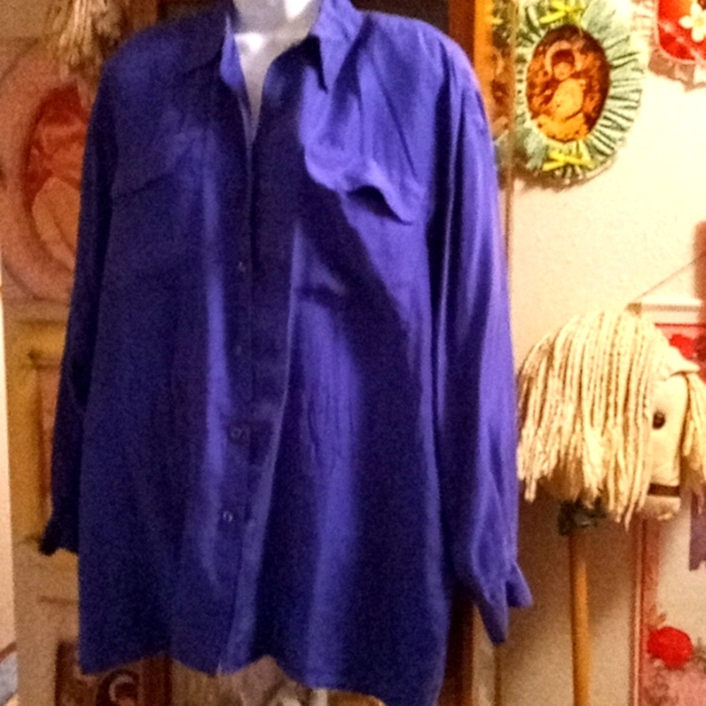 100% SILK,Vintage 80s,Deep Royal Purple,Long Sleeved,Button Down Blouse💜